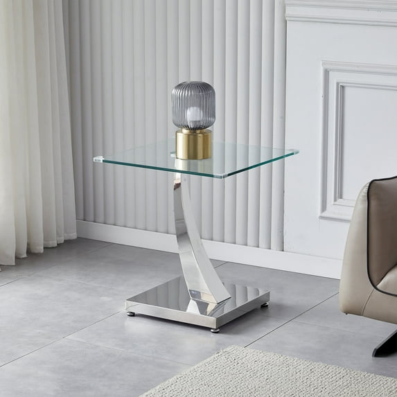 23.6" Modern Glass End Table, Square Sofa Side Coffee Table with Mirrored Stainless Steel Base for Living Room, Home Office.