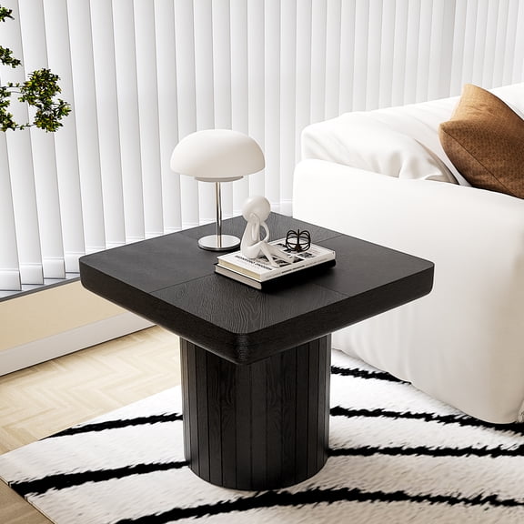 23.6'' Modern Solid Wood Veneer End Table, Minimalist Square Side Table with Parquet Pattern, Grooved Cylindrical Base & Thickened Tabletop, Compact Accent Table for Living Room, Matte Bla