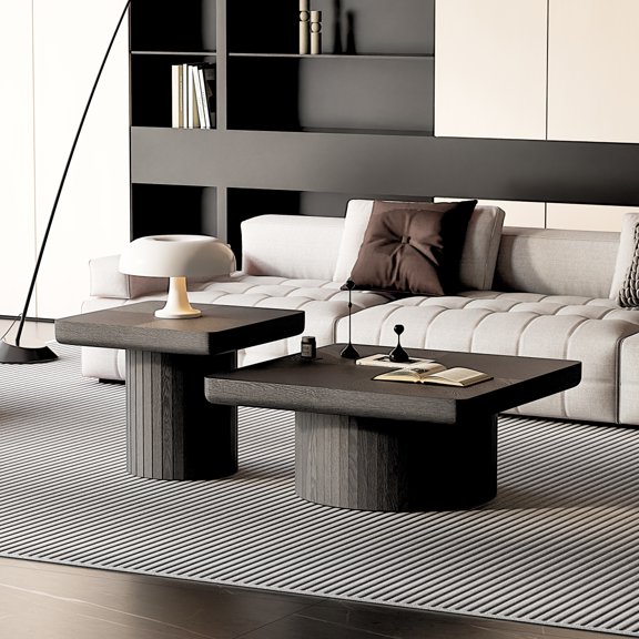 23.6'' Modern Solid Wood Veneer End Table, Minimalist Square Side Table with Parquet Pattern, Grooved Cylindrical Base & Thickened Tabletop, Compact Accent Table for Living Room, Matte Black