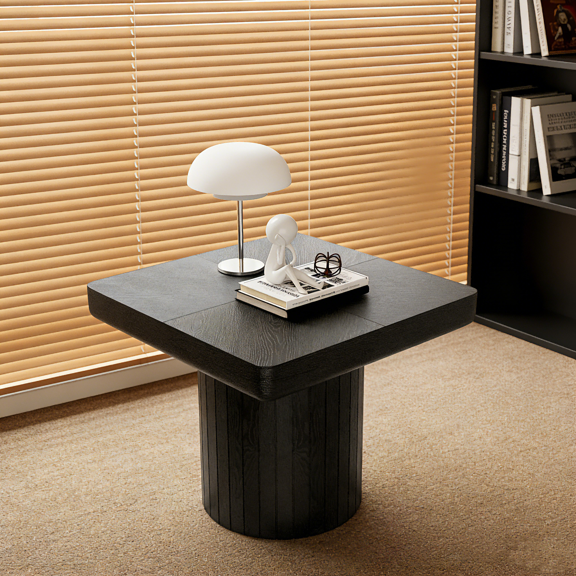 23.6" Modern Solid Wood Veneer End Table with Parquet Pattern - Minimalist Square Side Table with Grooved Cylindrical Base & Thickened Tabletop, Matte Black Accent Table for Living Room