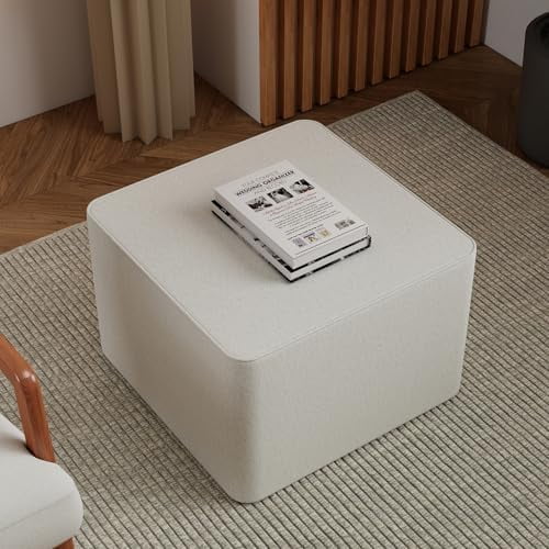 23.6'' Modern Square Ottoman, Teddy Fleece Stuffed Sponge Filled Foot Rest for Couch, Single Accent Ottoman for Living Room, Bedroom, Office - White$$Furniture