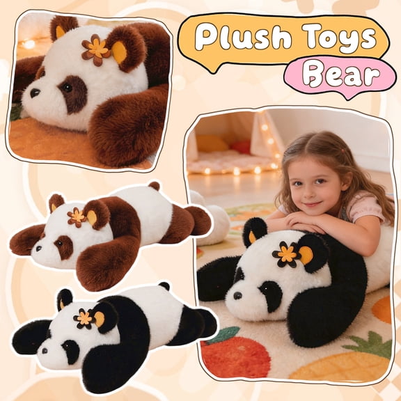 23.6" Panda Plush Pandy Stuffed Animal Soft Cuddly Doll Cartoon Character Figurine Black Cute Huggable Pillow Gift for Adults Home Decor, 1Pcs
