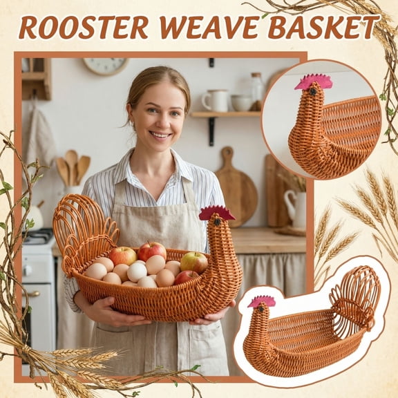 23.6" Peacock-Shaped Handwoven Faux Rattan Storage Basket with Decorative Peacock Top, Sturdy & Durable, for Organizing Fruits, Snacks, Sundries, Ideal for Home Kitchen, Living Room Decor for Family