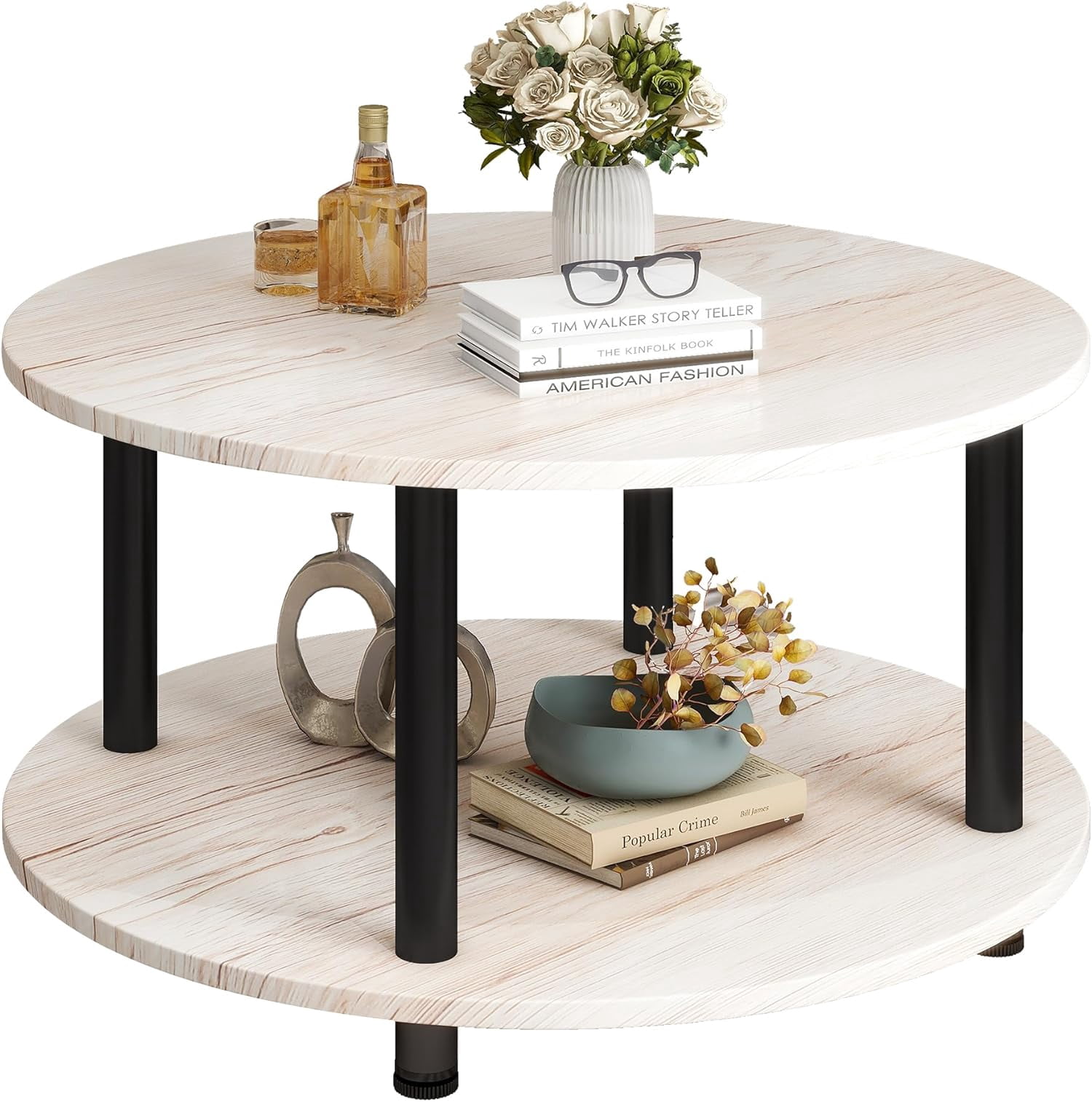 23.6" Round Coffee Table, 2-Tier Small Circle Coffee Table with Storage ...