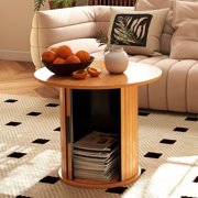 23.6 Round Coffee Table Wood Side End Table Nightstand Farmhouse for Small Spaces w/Hidden Storage,Sliding Door Living Room,BedroomLight Brown