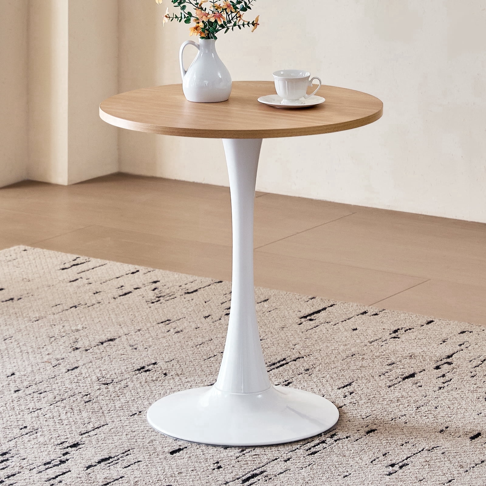 23.6" Round Dining Table for 2-4 Modern Circle Tulip Table with Metal White Tulip Pedestal Base for Kitchen Dining Living Room Apartment Small Space Cafe, Natural