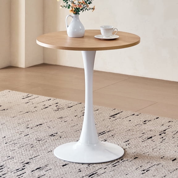 23.6" Round Dining Table for 2-4 Modern Circle Tulip Table with Metal White Tulip Pedestal Base for Kitchen Dining Living Room Apartment Small Space Cafe, Natural