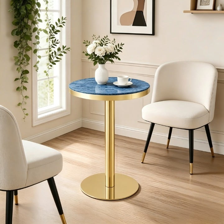 23.6" Round Light Luxury Coffee Table, UV Paint MDF Marble Texture Countertop with Stainless Steel Edging, Sturdy Metal Leg Side Table for Living Room Bedroom Entryway Office