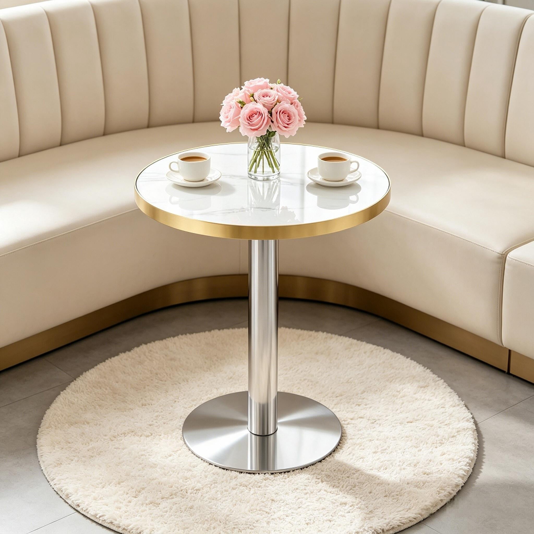 23.6" Round Light Luxury Coffee Table, UV Paint MDF Marble Texture Countertop with Stainless Steel Edging, Sturdy Metal Leg Side Table for Living Room Bedroom Entryway Office