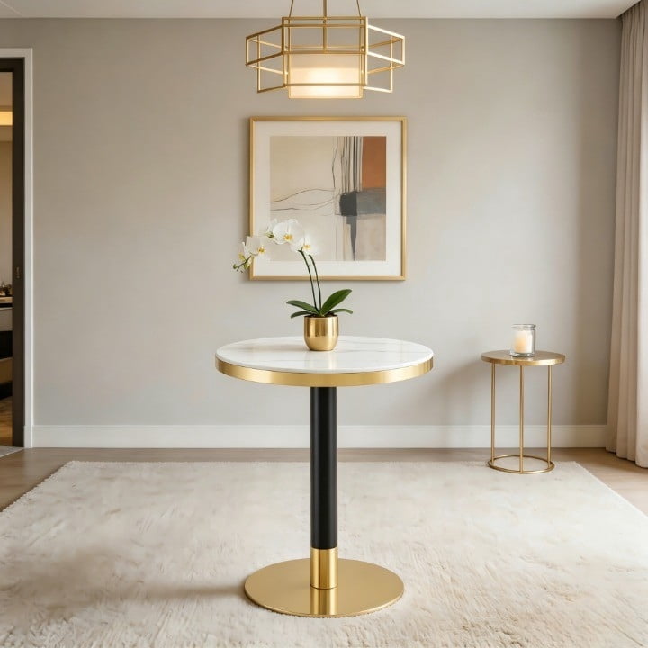 23.6" Round Light Luxury Coffee Table, UV Paint MDF Marble Texture Countertop with Stainless Steel Edging, Sturdy Metal Leg Side Table for Living Room Bedroom Entryway Office