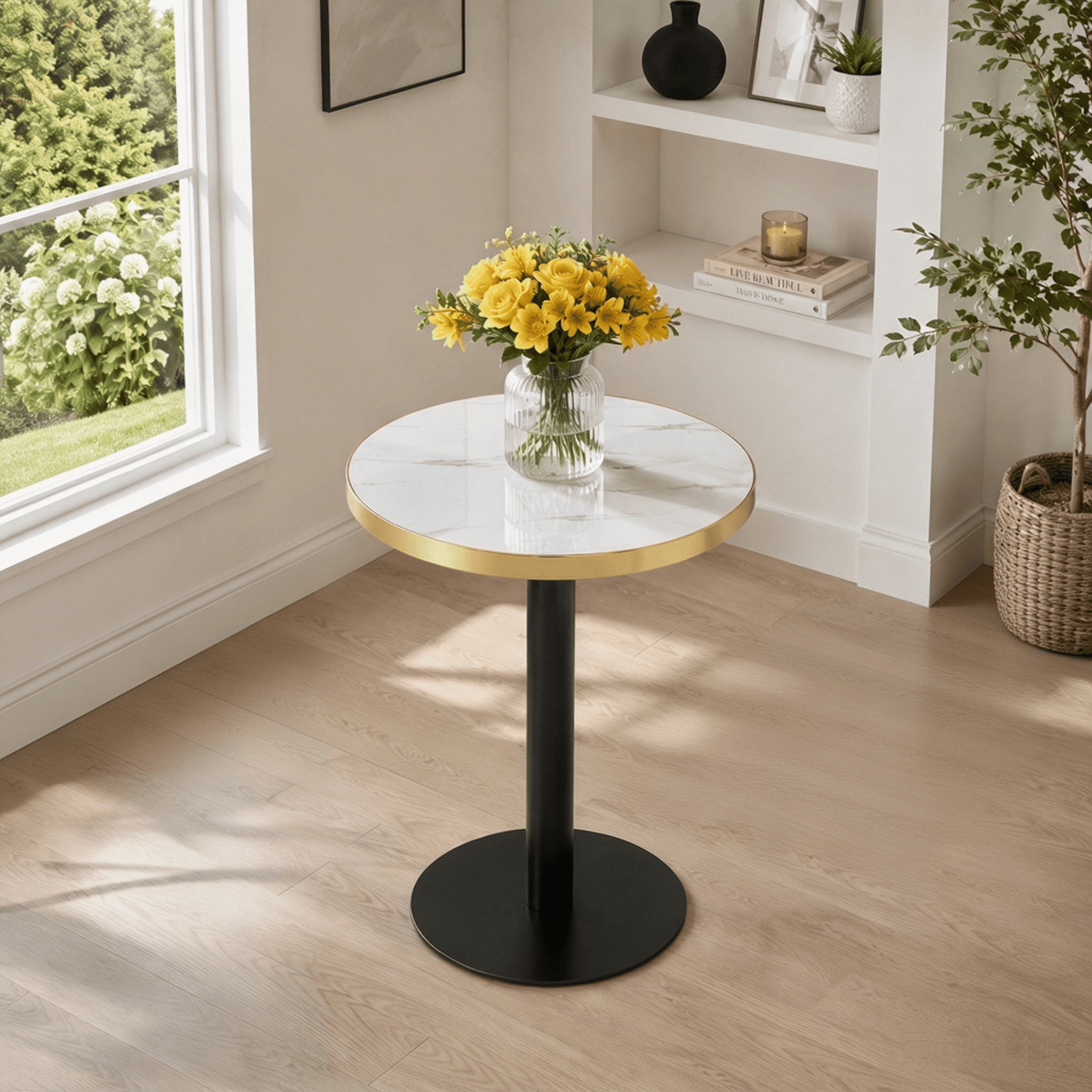 23.6" Round Light Luxury Coffee Table, UV Paint MDF Marble Texture Countertop with Stainless Steel Edging, Sturdy Metal Leg Side Table for Living Room Bedroom Entryway Office