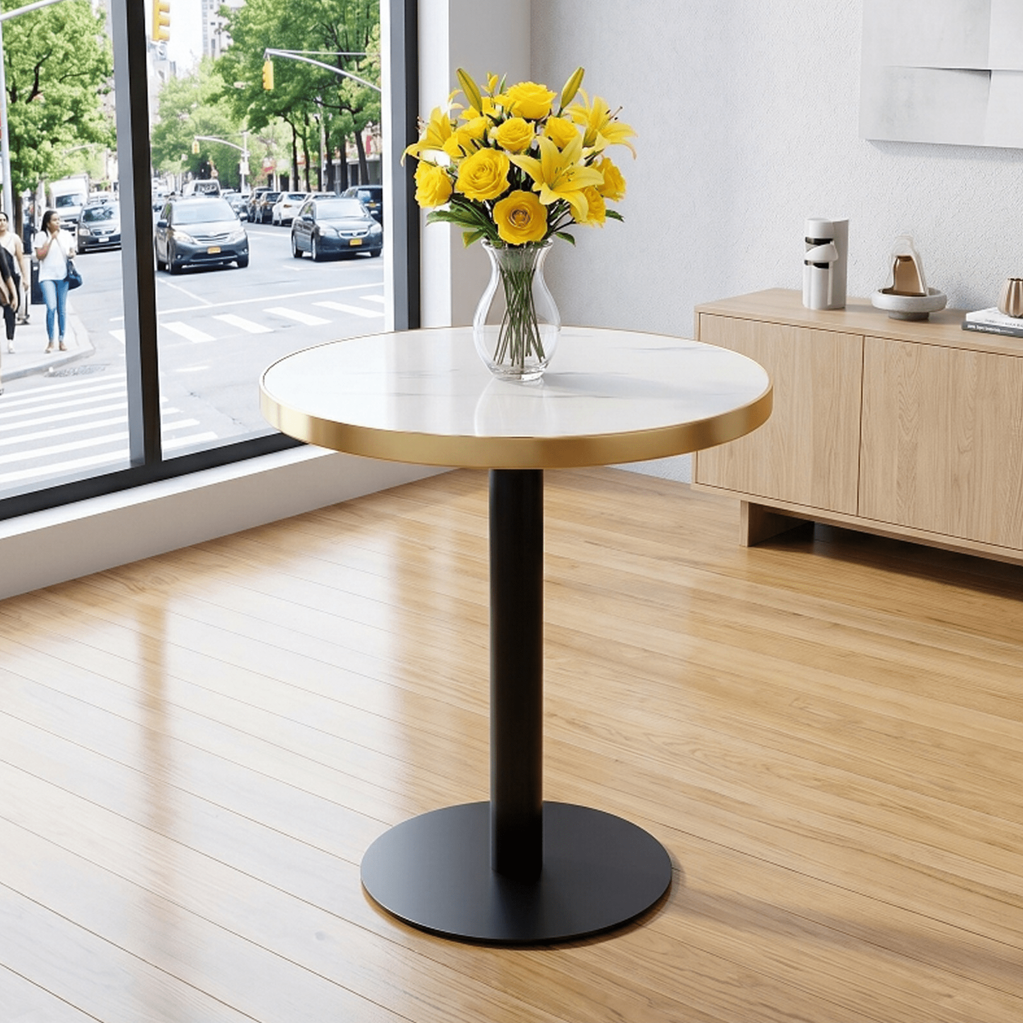 23.6" Round MDF sprayed with UV paint countertop, marble texture, stainless steel edging, metal table legs, modern light luxury edge/coffee table.