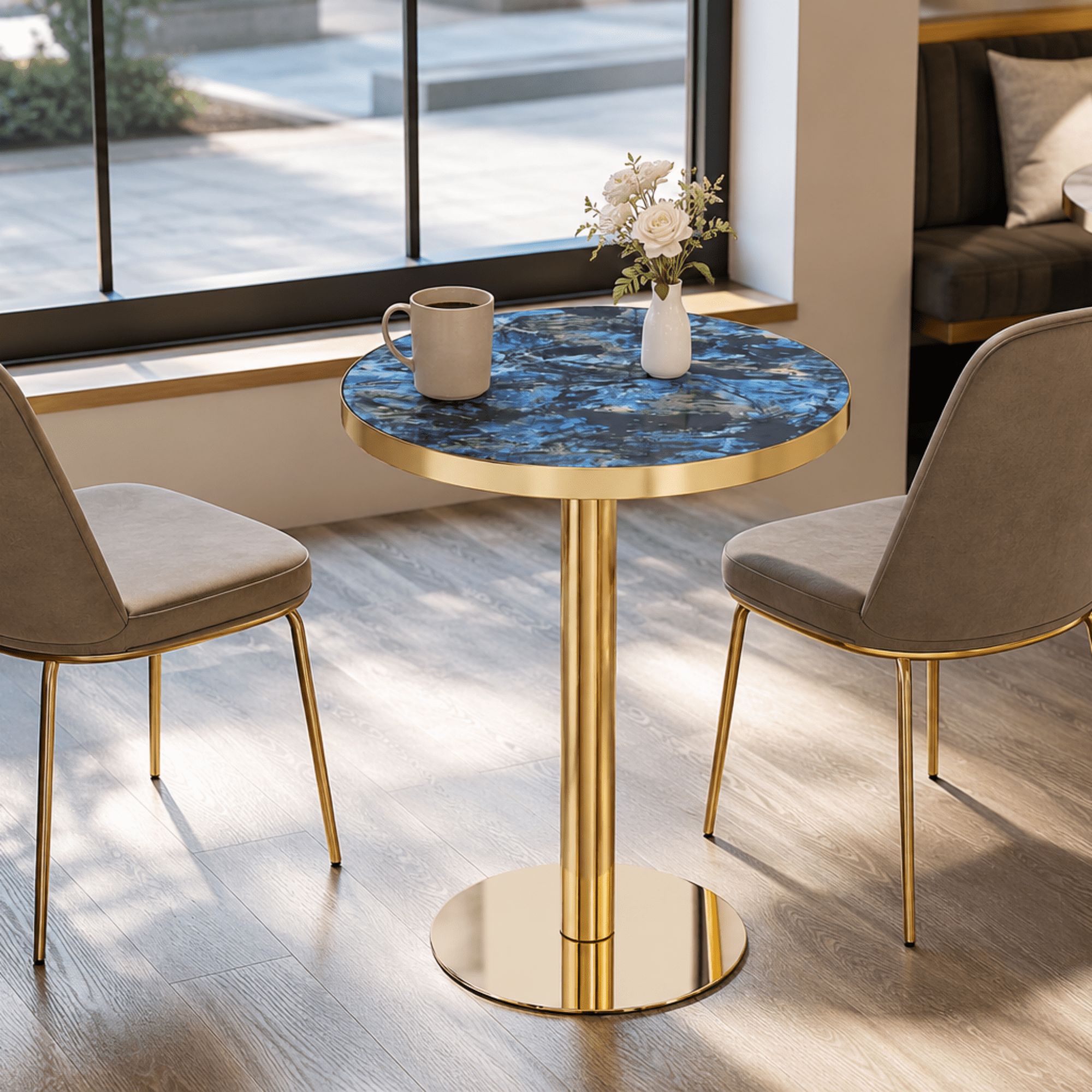 23.6" Round MDF sprayed with UV paint countertop, marble texture, stainless steel edging, metal table legs, modern light luxury edge/coffee table.