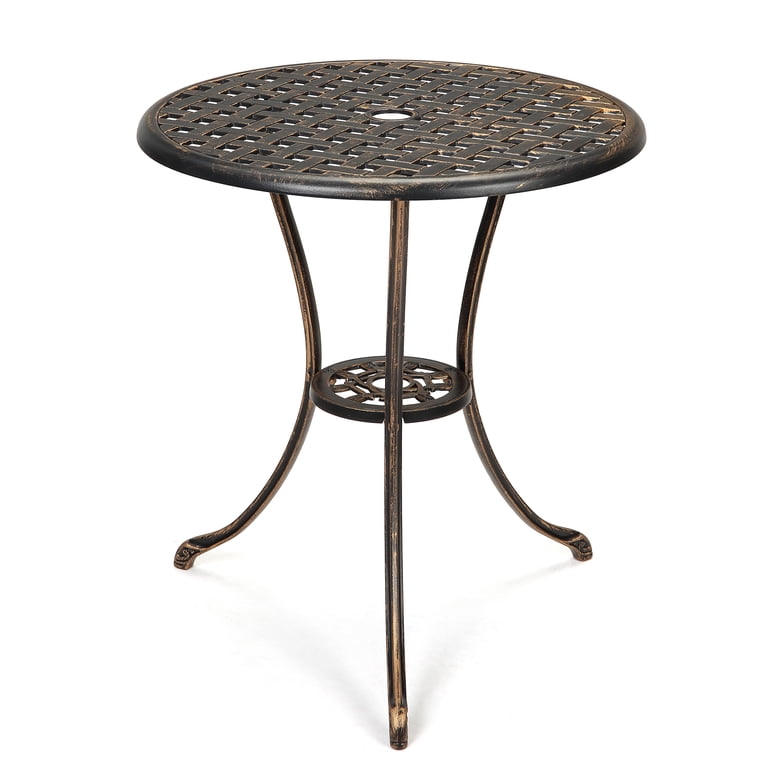 SunnyFurn 24" Round Cast Aluminum Patio Table - Antique Black Bistro Table With Umbrella Hole For Outdoor