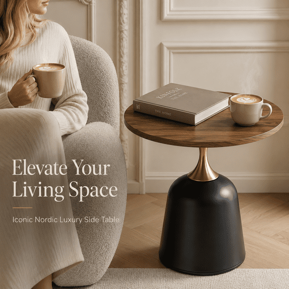 23.6 Round Side Table, Walnut Wood Grain End Table for Living Room