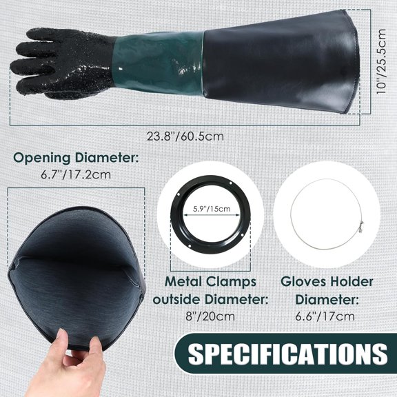 23.6" Rubber Sandblasting Gloves | Heavy Duty Sandblaster Cabinet Gloves with Particle Palm for Abrasive Blasting with 4 Hole Holders Metal Clamps and Nozzle Gasket$$Tools & Hardware Other