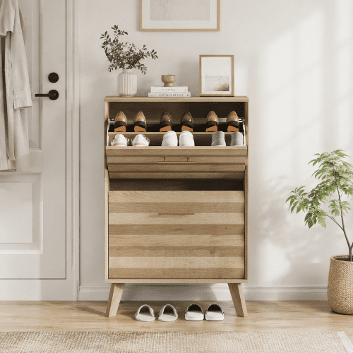 23.6" Slim Flip-Top Shoe Cabinet, Oak Wood Entryway Shoe Storage Cabinet with Double Tilt-Out Doors, Open Shelf, Mid-Century Modern Freestanding Shoe Organizer for Entryway & Hallway