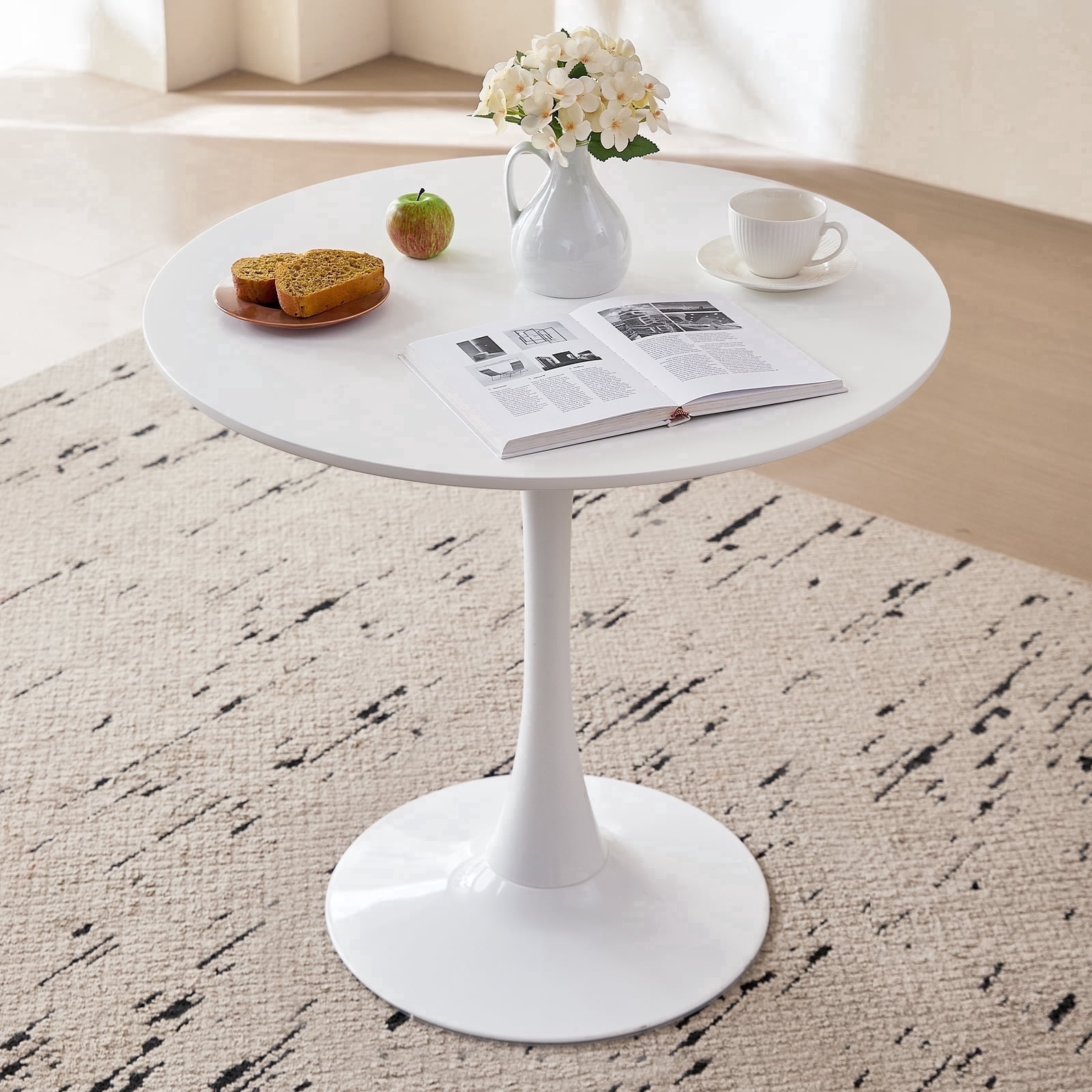 23.6" Small Round Dining Table [Metal Tulip Pedestal Base] White Modern Kitchen Table for Dining Living Room Apartment Small Space