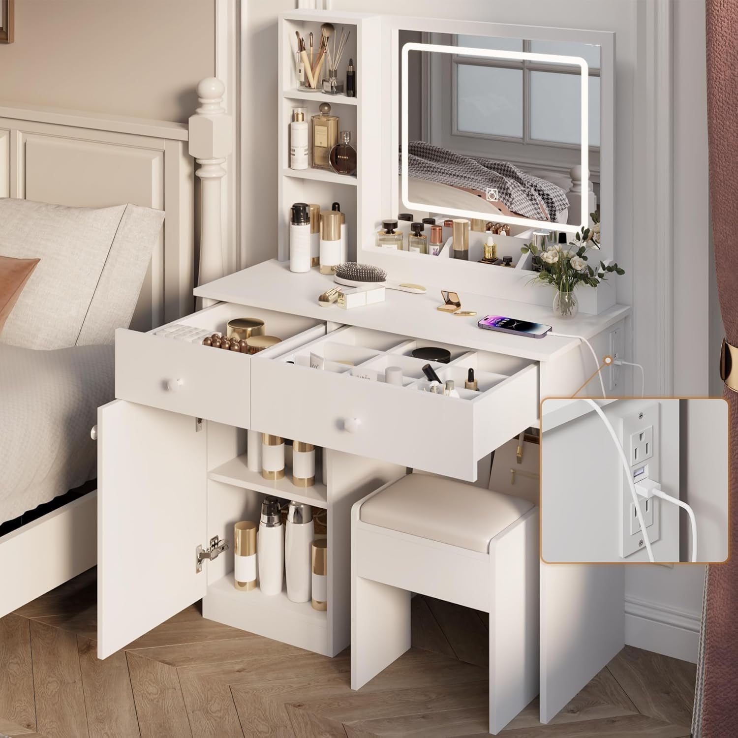 23.6" Small White Vanity Desk with Mirror and Lights, Vanity Set with ...