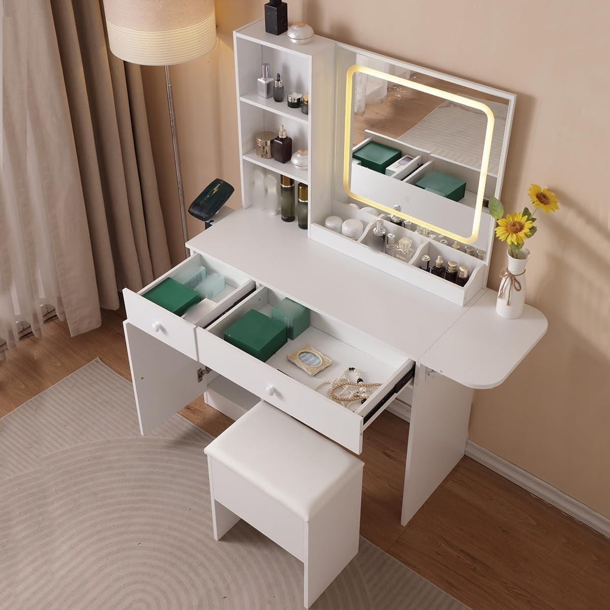 23.6" Small White Vanity Desk with Mirror and Lights, Vanity Set with ...