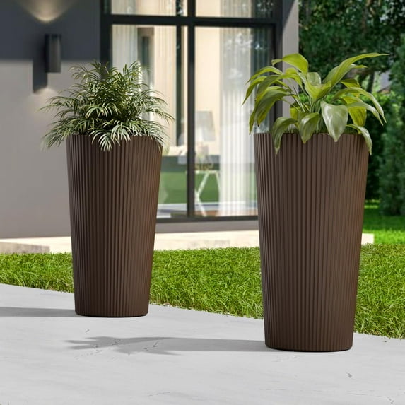 23.6" Tall Outdoor Planters, Set of 2 Large Plastic Flower Pots for Indoor & Outdoor Use, Modern Striped Decorative Garden Planters with Drainage Holes for Patio, Porch, Balcony, Brown