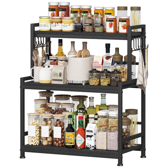 23.6"W Large Kitchen Countertop Organizer, 3 Tier Spice Rack Organizer with Adjustable Shelf and 10 Hooks, Wooden Counter Organizer, Countertop Shelf Microwave Stand for Kitchen, Coffee Bar, Black