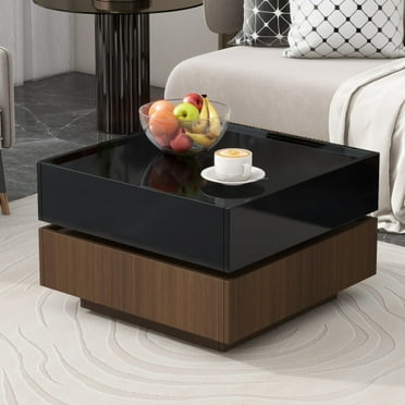 23.6"W White High Gloss 2-Tier Rotatable Coffee Table, Walnut Side Table with 2 Drawers for Living Room