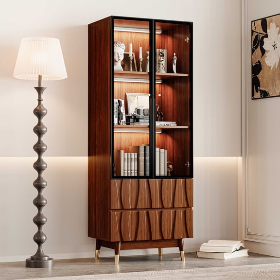 63''H Display China Cabinet 3-Tier Liquor Curio Cabinet, Mid Century Modern Wooden Bookcase Kitchen Hutch Case with Glass Door and Relief Panel Drawers for Dining Room Living Room