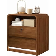 23.6 Walnut Nightstand Charging Station, Motion-Activated LED Light & Soft Close Lockable Drawer, Anti-Collision Mid Century Modern Bedside Table with 500 LB Capacity & Hidden Storage