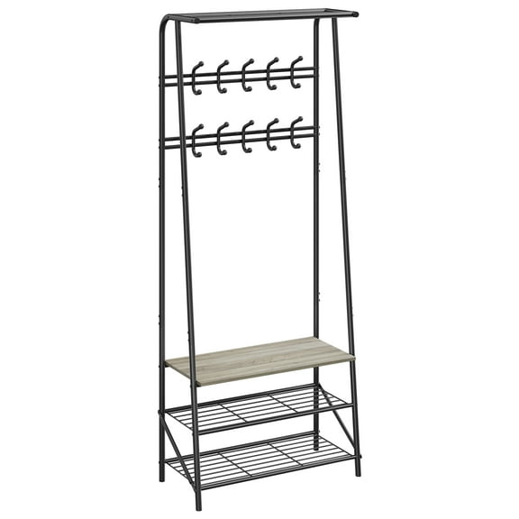 23.6" Wide Coat Rack Shoe Bench with 10 Hooks, Hall Trees Entryway Bench with Storage, Multifunctional Hallway Organizer