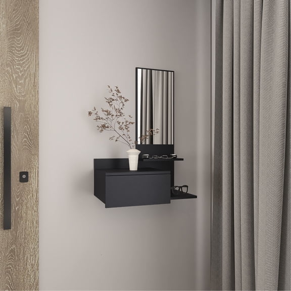 23.6" Wide Floating Mirror Table with 3 Shelves and Full Extension Drawer / Display Decor and Keep Area Organized