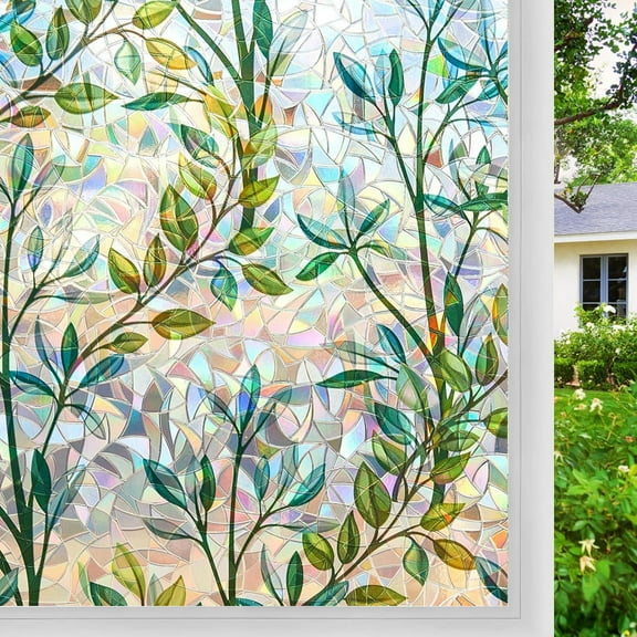 23.6" X 157.5" 3D Window Privacy Film, Stain Glass Decorative Window Film, Static Cling Non-Adhesive, Forest Decals Window Stickers, Heat Blocking Reusable Window Tint for Home
