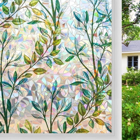 23.6" X 78.7" 3D Window Privacy Film, Stain Glass Decorative Window Film, Static Cling Non-Adhesive, Forest Decals Window Stickers, Heat Blocking Reusable Window Tint for Home