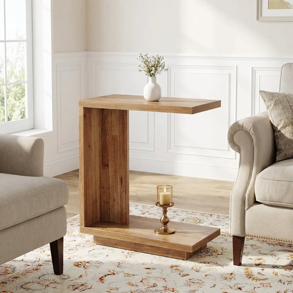 23.6"X11.8"X25.6" C-Shaped End Table Wood Side Table 2 Open Shelves MDF Nightstand For Small Spaces Bedroom Living Room (Walnut Brown)