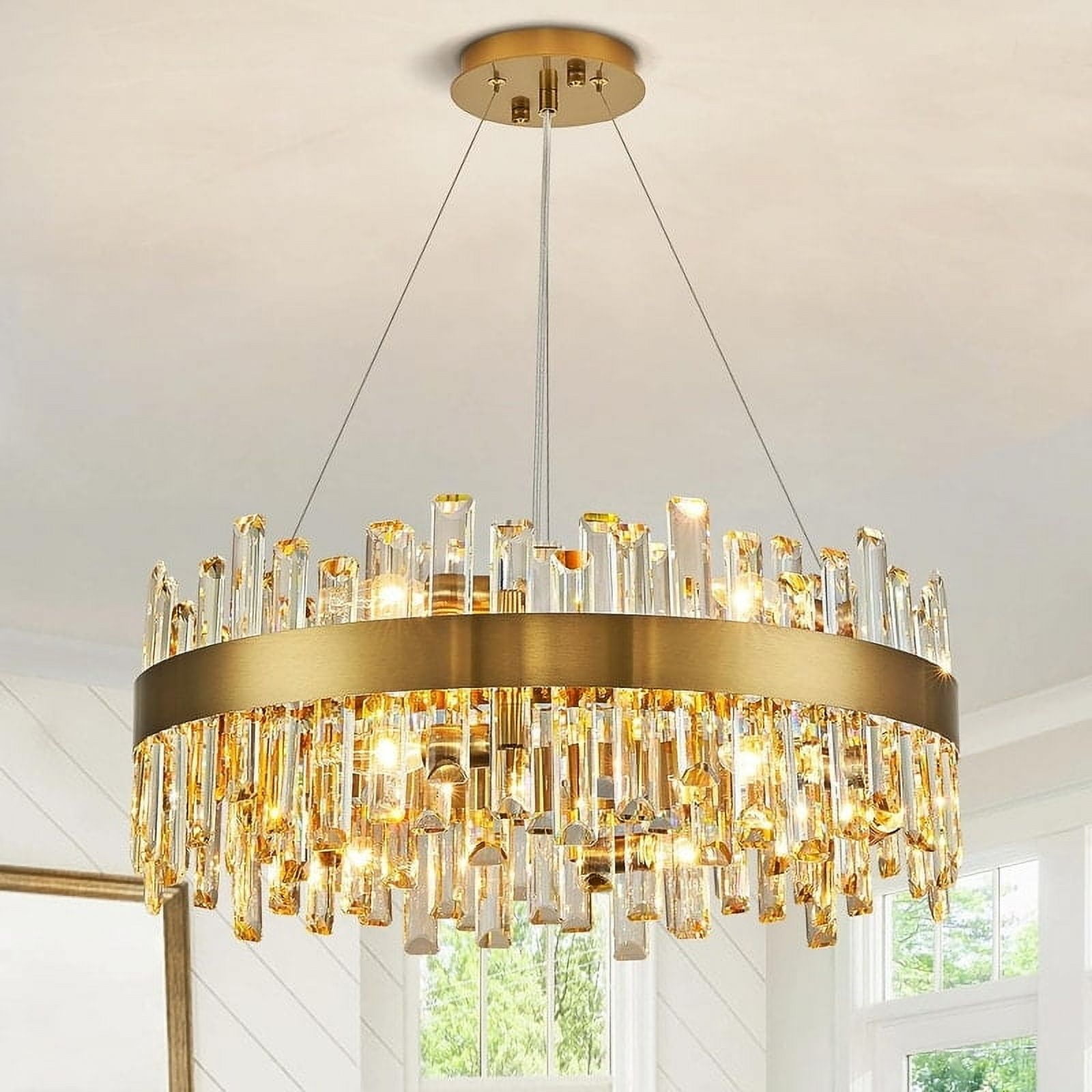 23.6 in. Brass Modern Crystal Chandelier 2-Tier Gold Luxury Crystal Pendant Light for Dining Living Room Bedroom