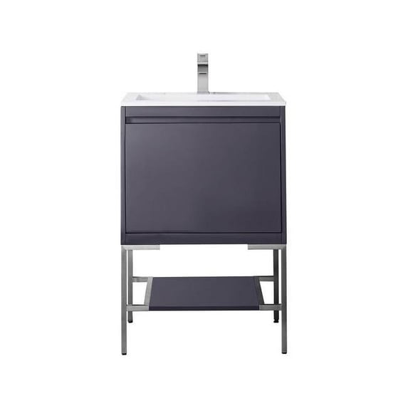 23.6 in. Milan Modern Single Vanity Cabinet with Composite Top, Gray Glossy, Brushed Nickel & Glossy White