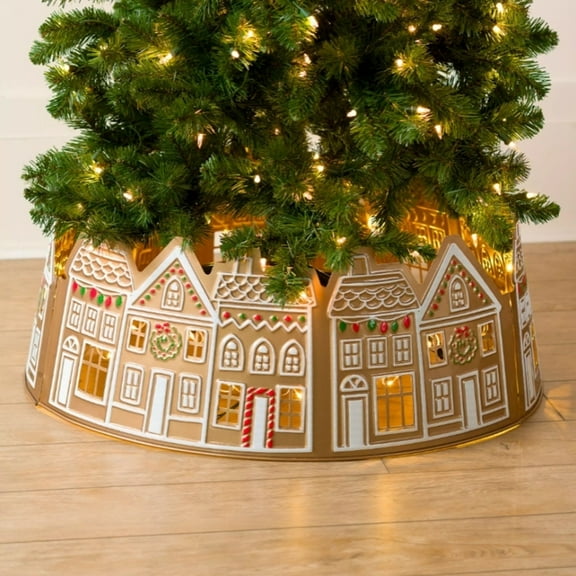 23.6 inch Gingerbread House Christmas Tree Collars Tree Skirt, LED Xmas Tree Tree Skirt Gingerbread House, LED Light Xmas Collar Tree Base Cover for Christmas Tree Ornament Scene Layout Holiday Gifts