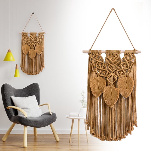 23.6 inch Macrame Wall Hanging Boho Chic Decor Woven Wall Tapestry Modern Bohemian Tapestry Wall Hanging Leaves Tassels Wall Art Macrame Wall Decor for Wall Living Room Bedroom Home Apartment Decor D