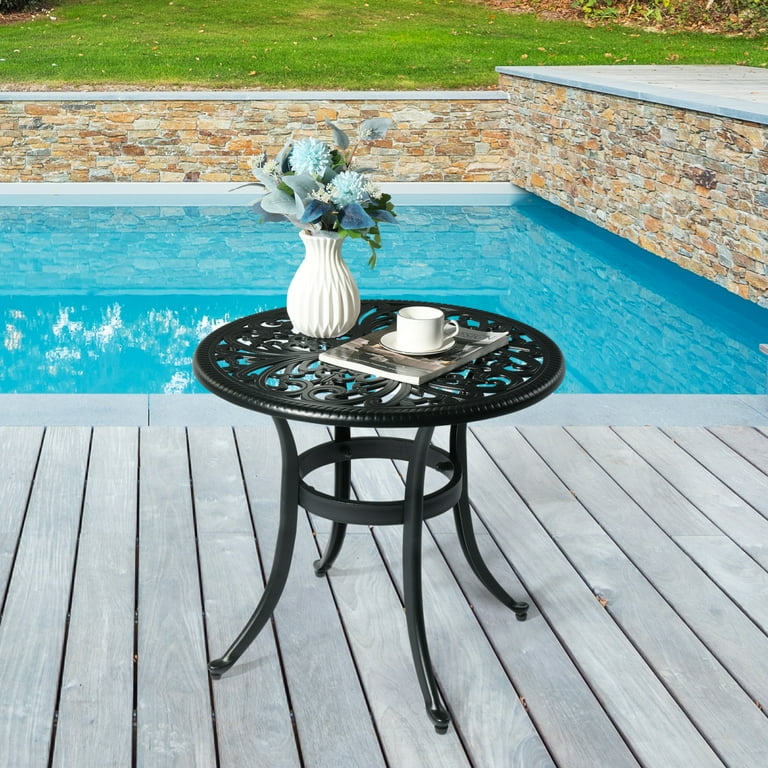 23.6 inch Patio Side Table Cast Aluminum End Table with Adjustable Footpads Outdoor Small Coffee Table with Umbrella Hole Round Metal Patio Table