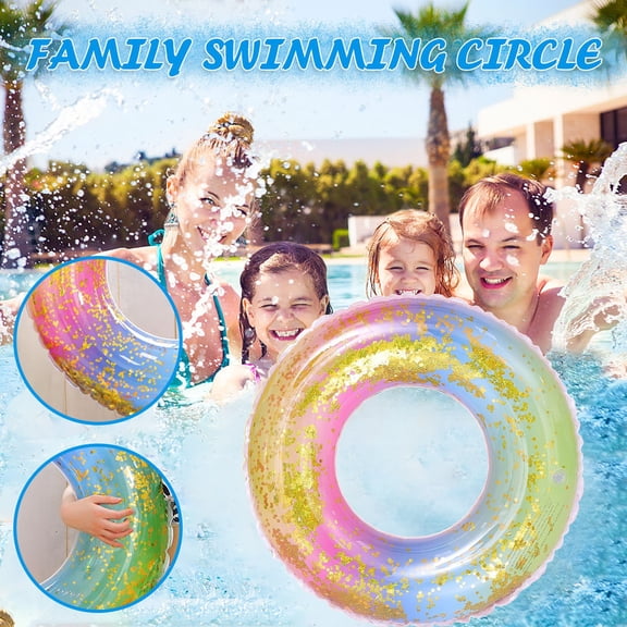 23.6-inch Rainbow Patterned Inflatable Swimming Tube, Thickened Pool Ring with Gold Glitter for Summer Water Games and Beach Relaxation, Durable Material