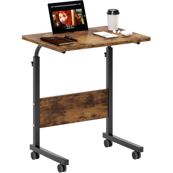 23.6 inches Side Table on Wheels, Height Adjustable Desk with Tablet Slot, Portable Mobile Laptop Stand for Bed Sofa, Rustic Brown