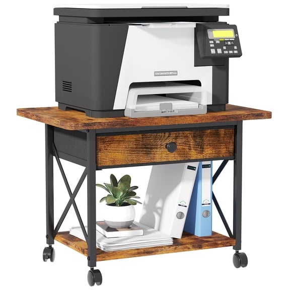 23.6" x 15.7" Under Desk Printer Stand with Storage Drawer, 2-Tier Shelf Desktop Printer Table for Desk with Wheels, Large Rolling Cart for Home Office Fits 3D Printer Scanner Rustic Brown