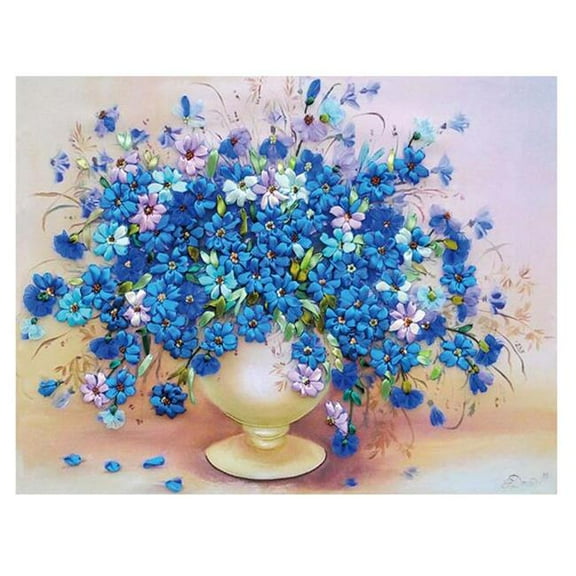 23.6 x 17.7 in. Flower Ribbon Embroidery Cross Stitch Kits for Crafts Needlepoint Kit, Blue