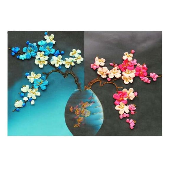 23.6 x 17.7 in. Plum Blossom Embroidery Starter DIY Light & Shadow Floral Silk Ribbon Embroidery Kit for Wall Decoration Art Craft, Multi Color