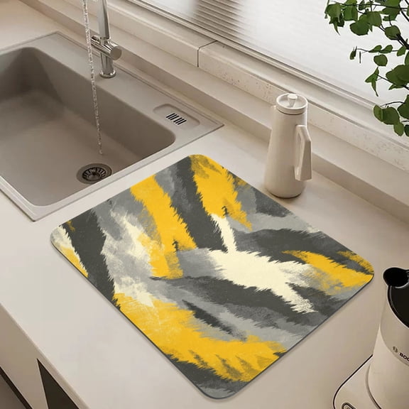 23.6" x 19.7"Diatomaceous Earth Dish Drying Mat Super Absorbent Non-Slip Rubber Backing Heat Resistant Kitchen Sink Mat Brushstroke Yellow Grey Camo Print