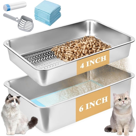 23.6''x15.7'''' Stainless  Sifting Litter Box, XL Large  Sifting  Litter Box for Pine Pellets, Litter Pan Tray System for Indoor Cats with Scoop and Pee Pad, Easy to Clean(6 Inch)