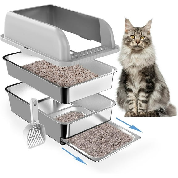 23.6"x15.7"x6" Enclosed Stainless Steel Litter Box with Lid, XL Sifting Litter Box for Pine Pellets with Removable Drawer Pan for Easy Cleaning, High Sides Large Metal Litter Box System for Big Cats