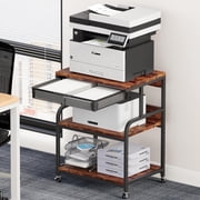 POAO Extra Large Printer Stand with Drawer, 5-Adjustable Heights 3 Tier Printer Table with Wheels, Rolling Printer Cart with Storage Shelf