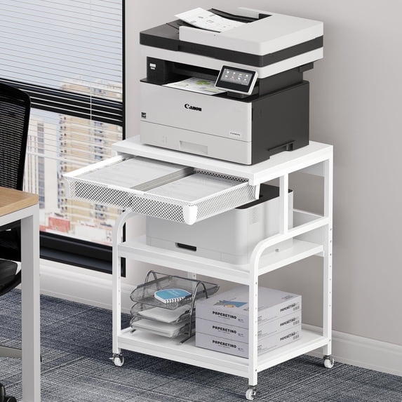 POAO Printer Stand with Storage 3-Tier Printer Table for Home Office and Living Room,23.6''x18.9'',White