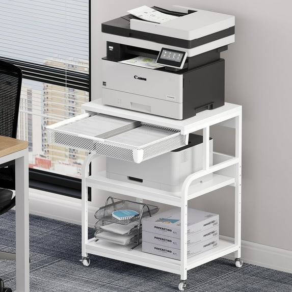 EasyCom Printer Stand with Storage 3-Tier Printer Table for Home Office and Living Room,23.6''x18.9'',White